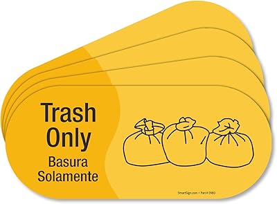 SmartSign (Pack of 4) 3.75 x 9 inch “Trash Only - Basura Solamente†Bilingual Sticker Labels with Symbol, 5 mil Laminated Polyester with SuperStick Adhesive, Yellow and Black
