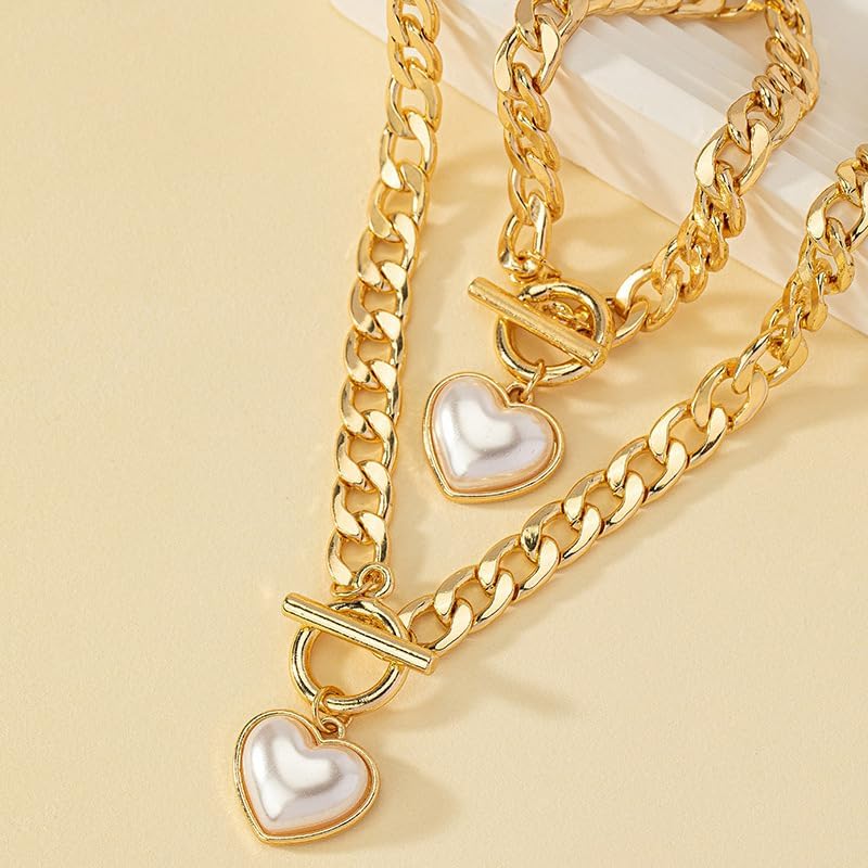 Pearl Heart Necklace and Bracelet Set for WomenHeart Locket Choker with Cuban Link Chain, Chunky Statement Jewelry for Women Trendy Party Jewelry Set - Image 2