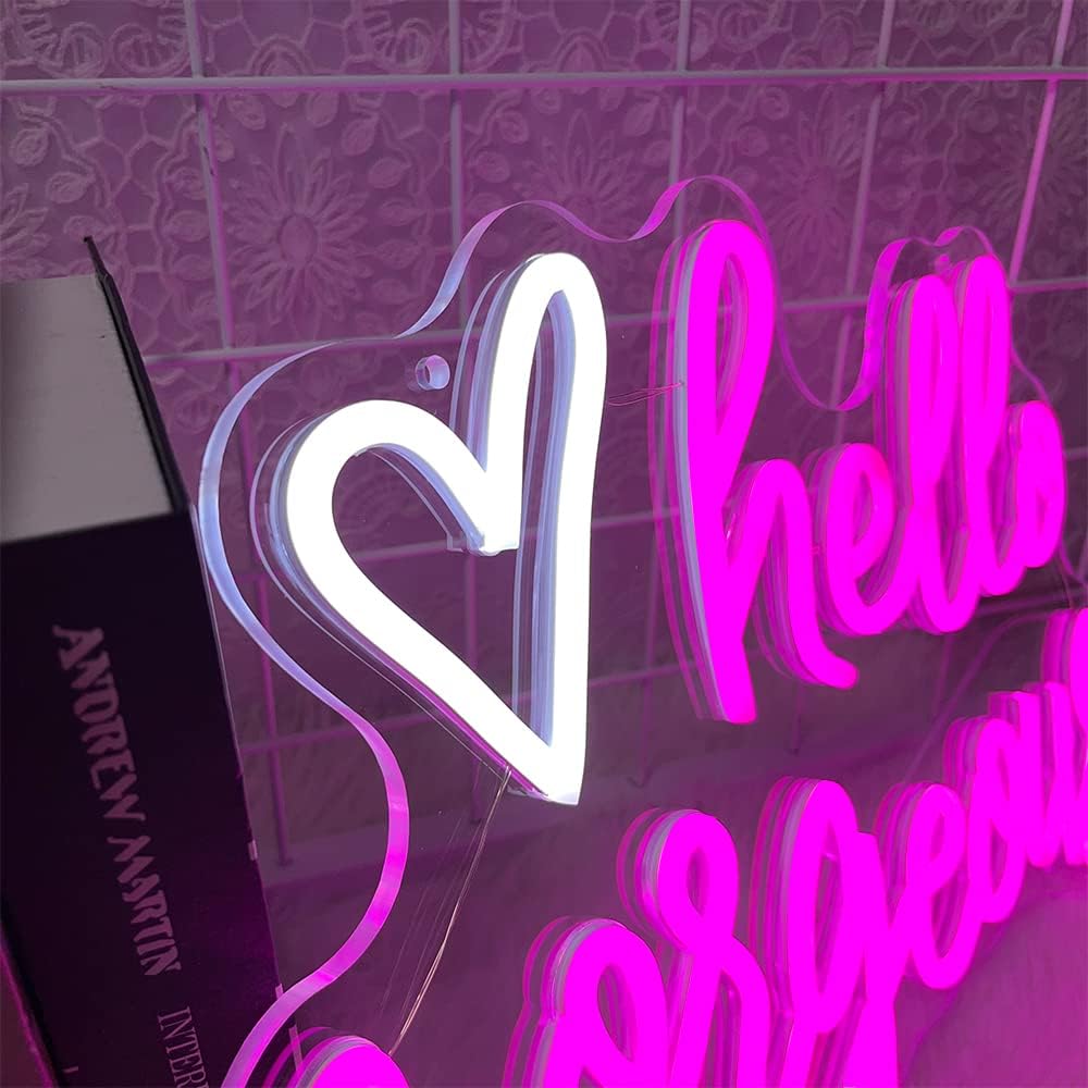 Hello Gorgeous Neon Sign for Wall Decor Led Neon Light Heart Decorative for Girl Bedroom Birthday Wedding Party Romantic Art Wall Lights Gifts USB Powered Acrylic Light for Beer Bar Club
