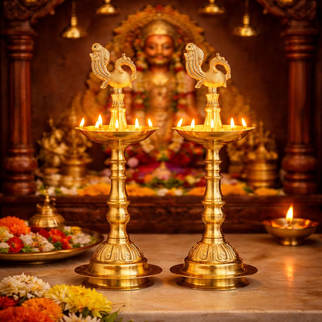 Klassic 11 Inch Brass Kerala Diya Samai (Set of 2) | Traditional Peacock Kutthu Vilakku Oil Lamp | Panchmahal Deepam for Home Temple & Pooja Room | Ideal for Diwali, Festive Decor & Gifting-image-47