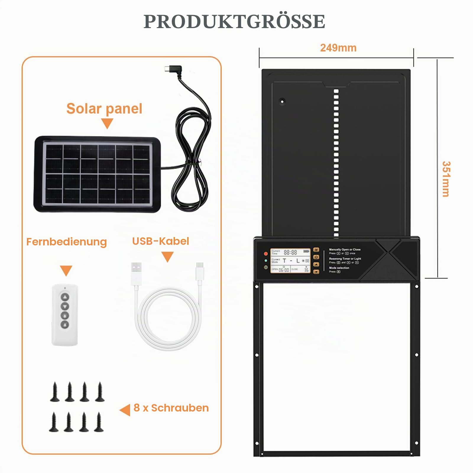 Automatische Hühnerklappe Solar, Elektrisch Hühnertür Türöffner, Automatischer Hühnerstall Türöffner, mit Anti-Pinch, mit Wasserdicht Display, mit Lichtsensor, mit Fernbedienung, mit Timing