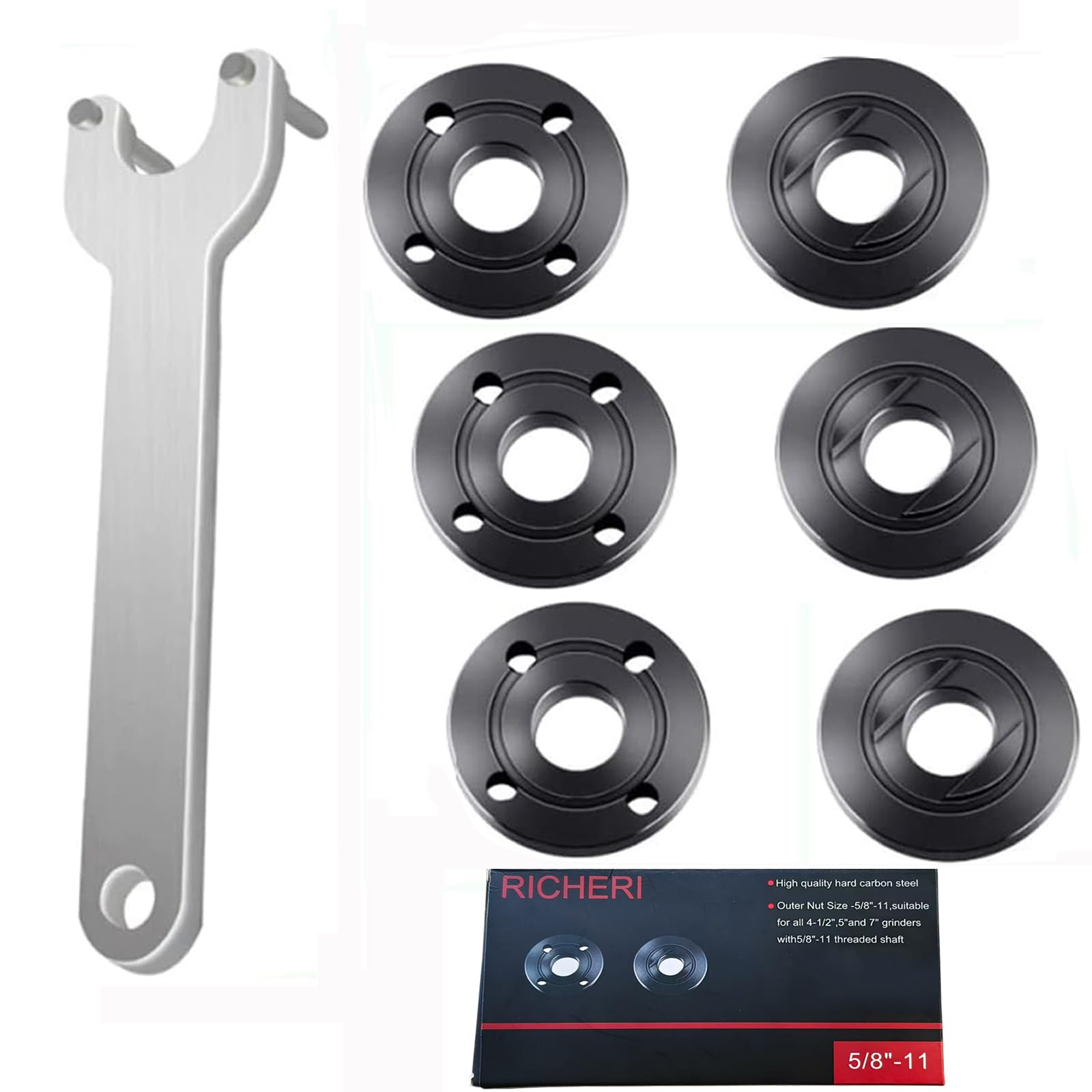 Grinder Flange Angle Wrench Metal Lock Nut Fit for DW Milwaukee Makita 193465-4 Compatible with Bosch Black & Decker Ryobi 4.5" 5" 5/8-11 (1 wrench, 3 inner nuts, 3 outer nuts)