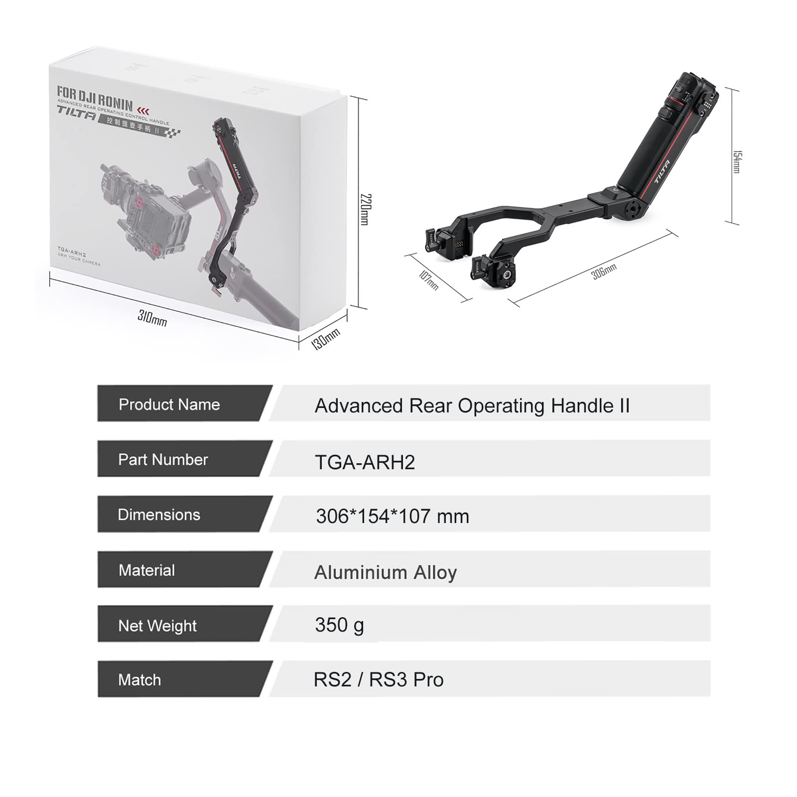 TILTA TGA-ARH2 Advanced Rear Operating Control Handle Poignée de Commande arrière avancée pour DJI Ronin RS2/RS3 Pro (RS 2/RS 3 Pro) stabilisateur de cardan (Incompatible RSC2/RS3)