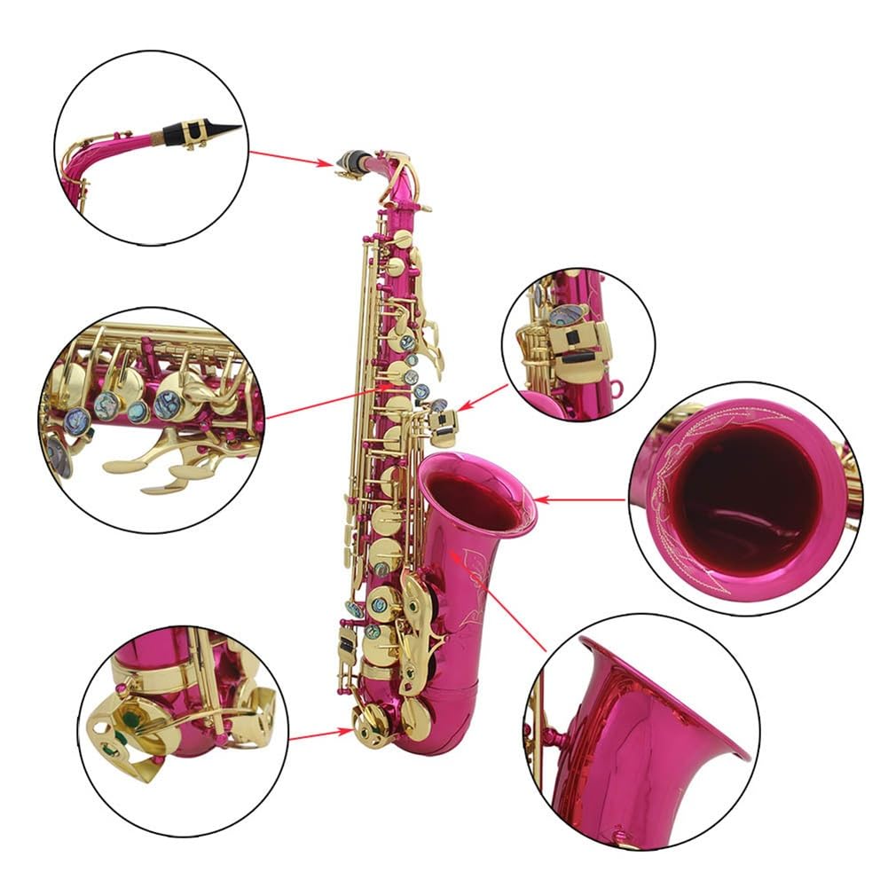 Kit completo de saxofón E-Flat con estuche de transporte, kit de limpieza y cuidado, saxofón alto Eb Brass Saxofón alto for principiantes y estudiantes (Color : Rose red)