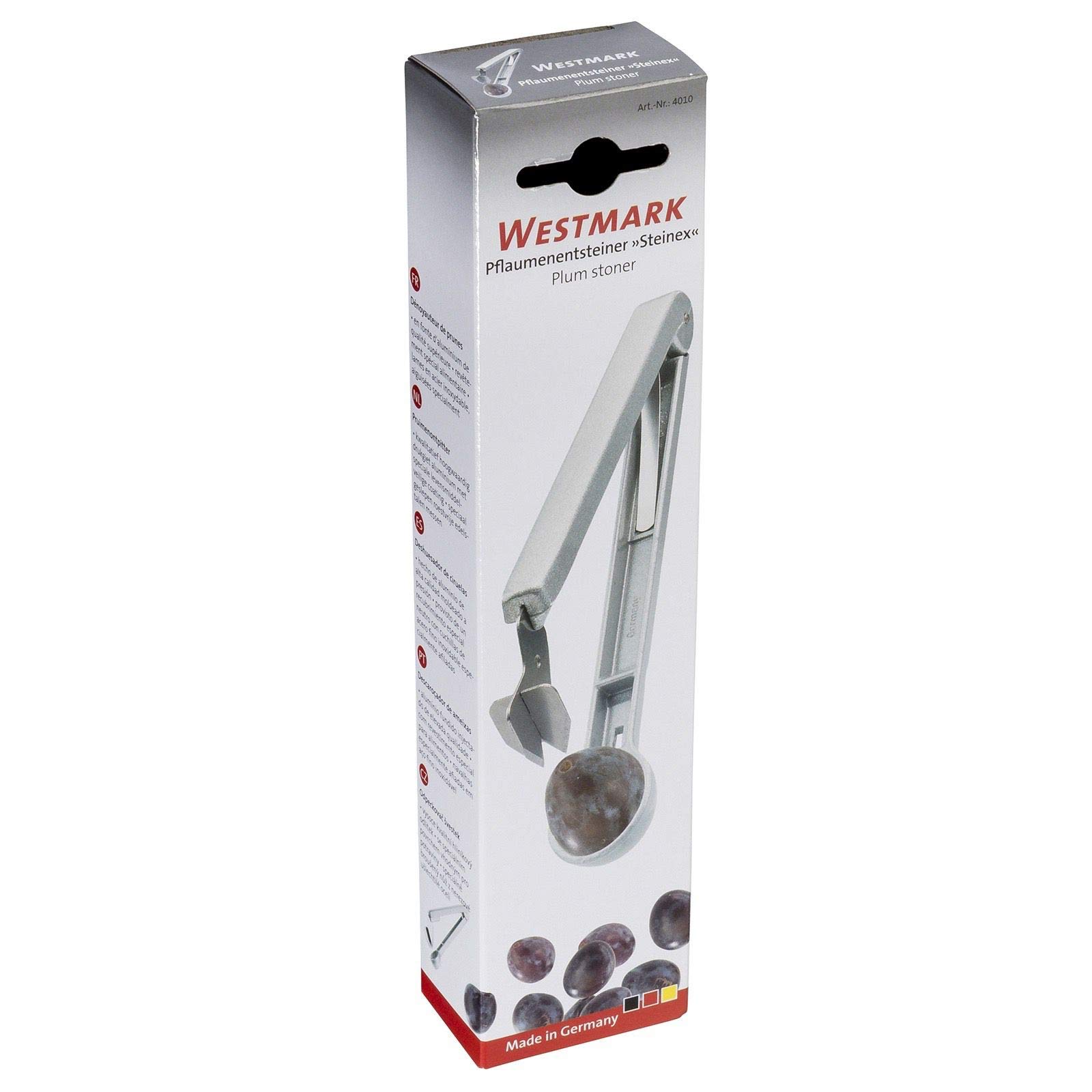 Westmark Deshuesador de ciruelas para ciruelas deshuesadas listas para usar, 16.7 cm de largo, Aluminio, Recubrimiento apto para alimentos, Hoja de acero inoxidable, Steinex, Plateado, 40102260