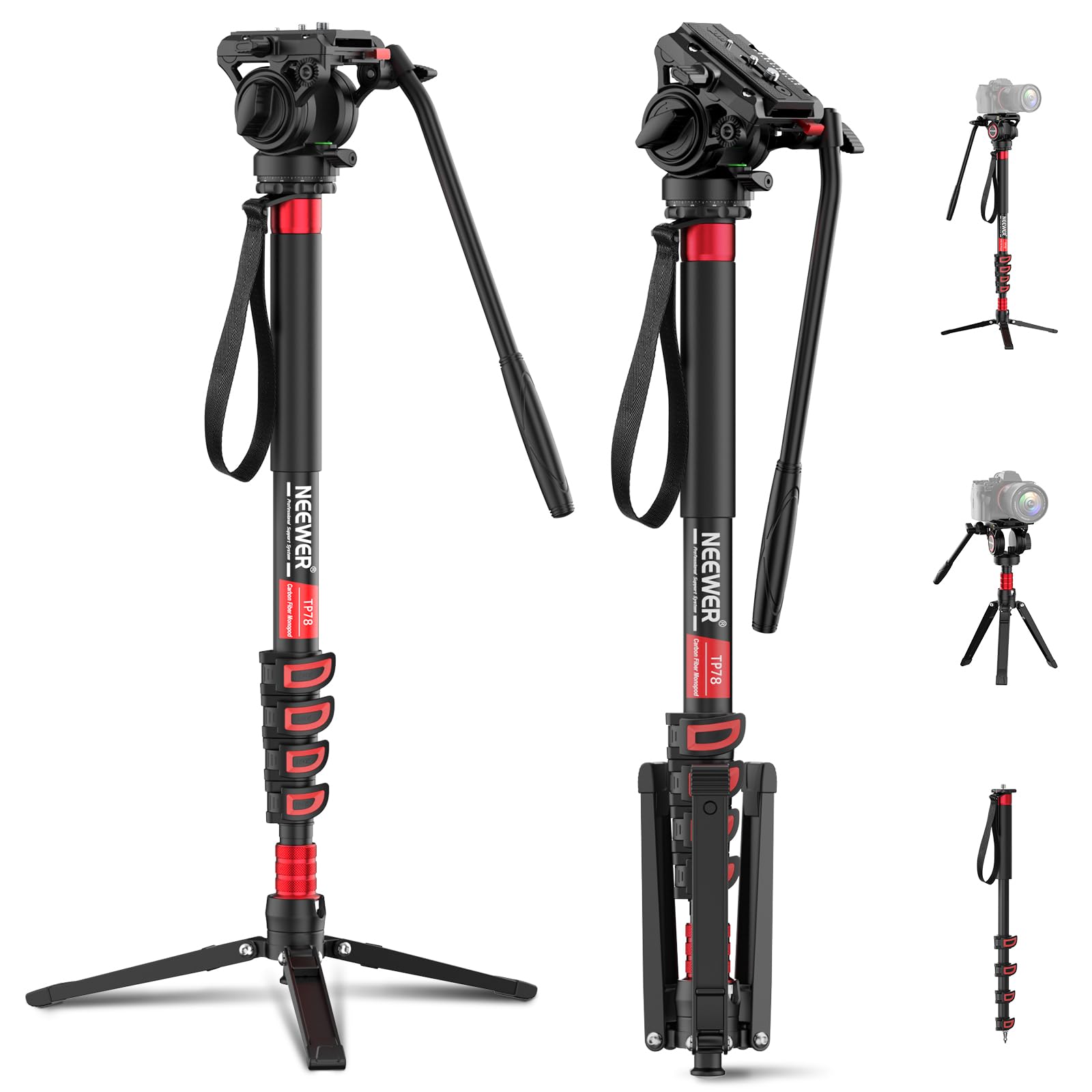 Professional Camera Monopod with Feet, 74.8" Telescopic Portable Aluminum Travel Monopod with Pan Tilt Fluid Head & Removable Tripod Base for DSLR Camera Camcorder, Max Load 13.2lbs, TP78