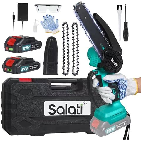Mini Kettensäge mit Akku 6 Zoll, Salati Akku Kettensäge Elektro Kettensäge mit 2 Kette und 2 Batterien, Handkettensäge Akku mit Sicherheitsschloss Cover