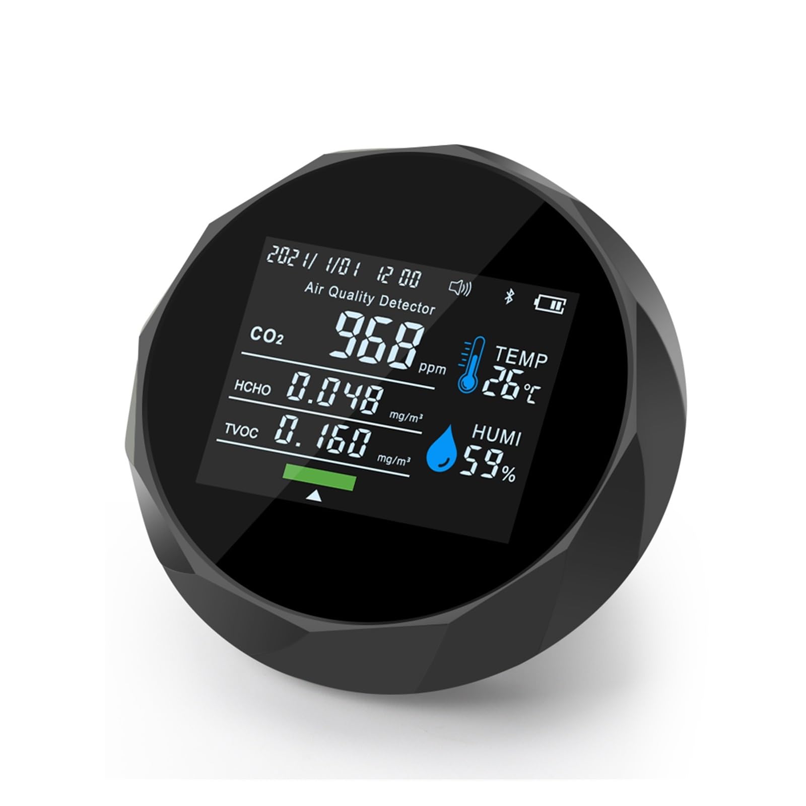 Monitor d'aria multifunzione TVOC HCHO Misuratore di CO2 Tester qualità del gas Umidità Temperatura Rilevatore controllo dente blu Per cucina e camper(Noir)