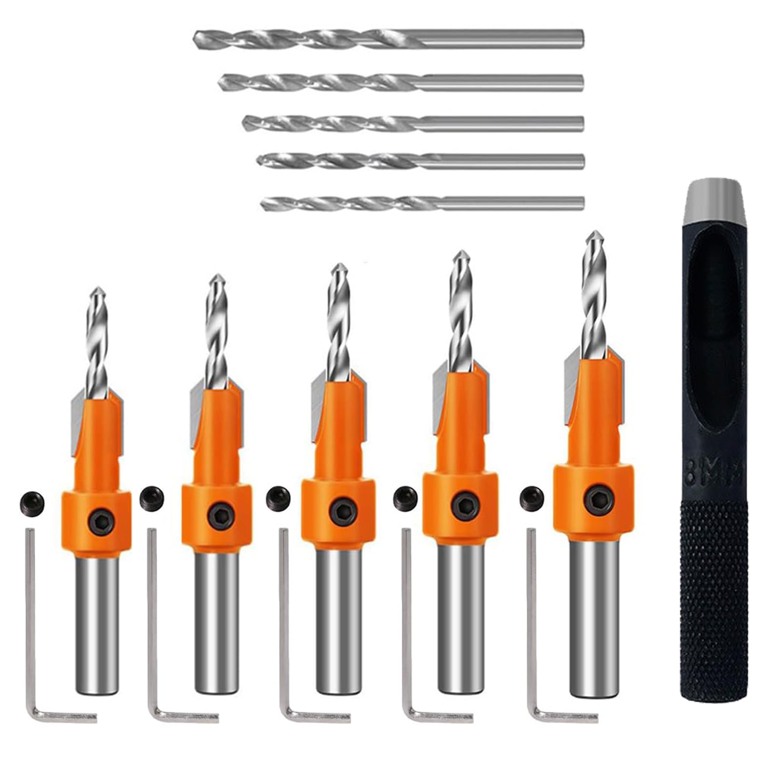 10pcs tapered countersink drill bits set with 8mm hex shank, 5pcs extra pilot bit & allen wrench, #45 carbon steel for woodworking, carpentry, pilot screw hole making