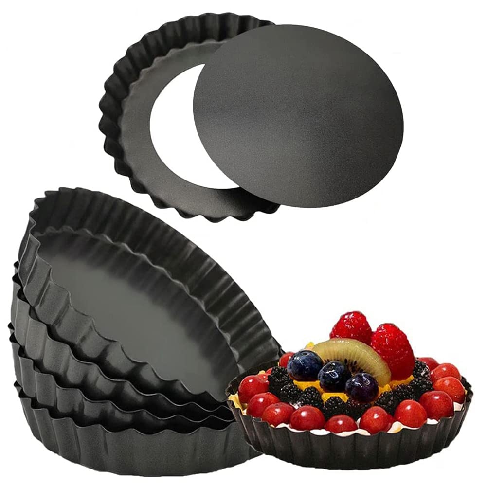 Ehwisbe Black 6 Pack 5 Inch Mini Tart Pans With Removable Bottom Round Nonstick Quiche Pan, Heavy Duty Fluted Side Pie Tart Molds