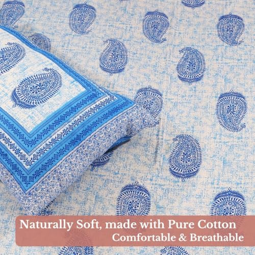 Image of Jaipur Weaves Jaipuri Double Bed Cotton Bedsheet Queen Size 90x85, 120 TC 100% Pure Cotton Bed Sheet with 2 Pillow Covers, Floral Traditional Print (Blue Paisley, Double)