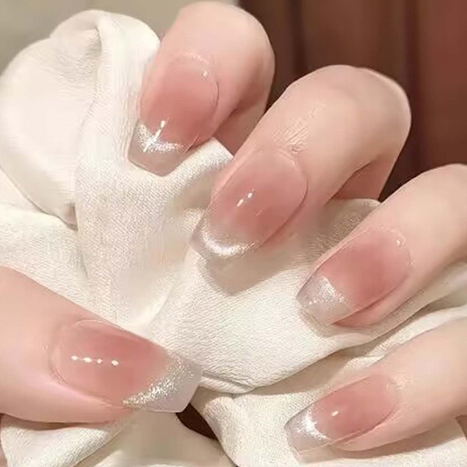 Gifiky Medium Glitter False Nails Coffin French Press on Nails Nude Gradient Nails Tips Full Cover Fake Nails for Women and Girls 24Pcs