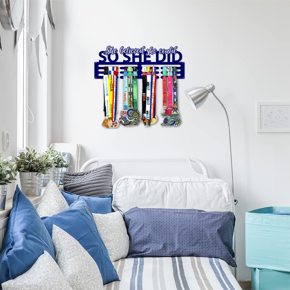 She Believed She Could So She Did Medal Hanger Wall Display - Metal Wall Medal Display - Sports Medal Hanger Display for Athletes- Medal Holder Display Hanger Rack Medals Girl Athlete - Navy