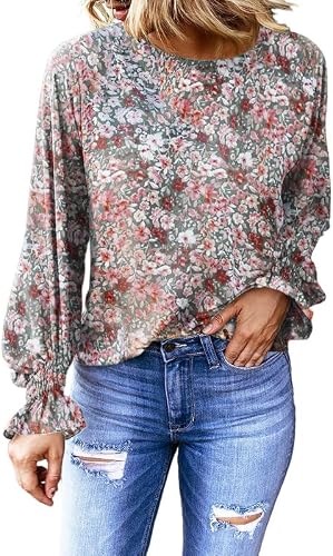 Dokotoo Women's Floral Print Bell Sleeve Tops, Crewneck Keyhole Back, Ruffle Casual Loose Shirt - Purple, Small