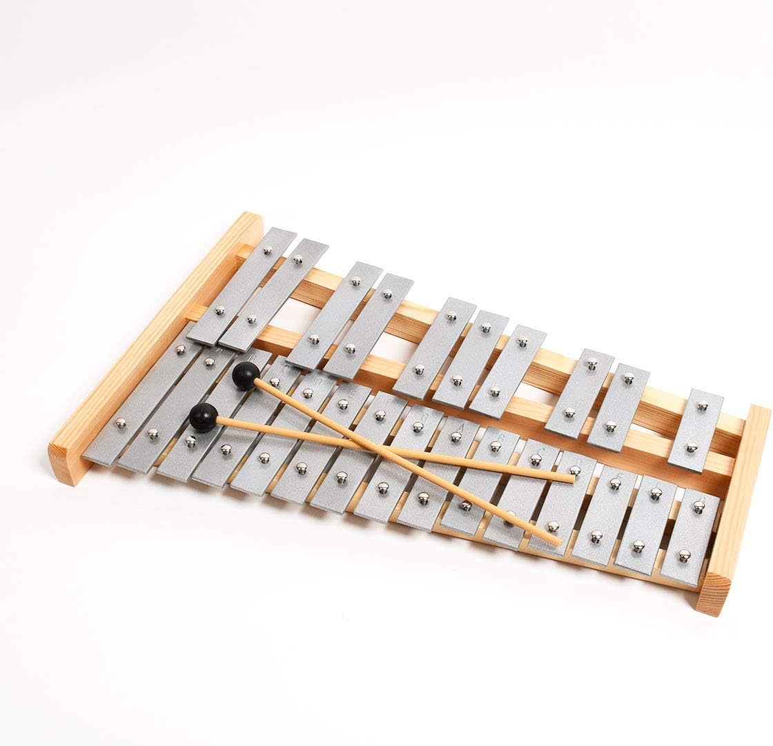 Professional Wooden Glockenspiel Xylophone Silver Keys with 25 Metal Keys for Adults