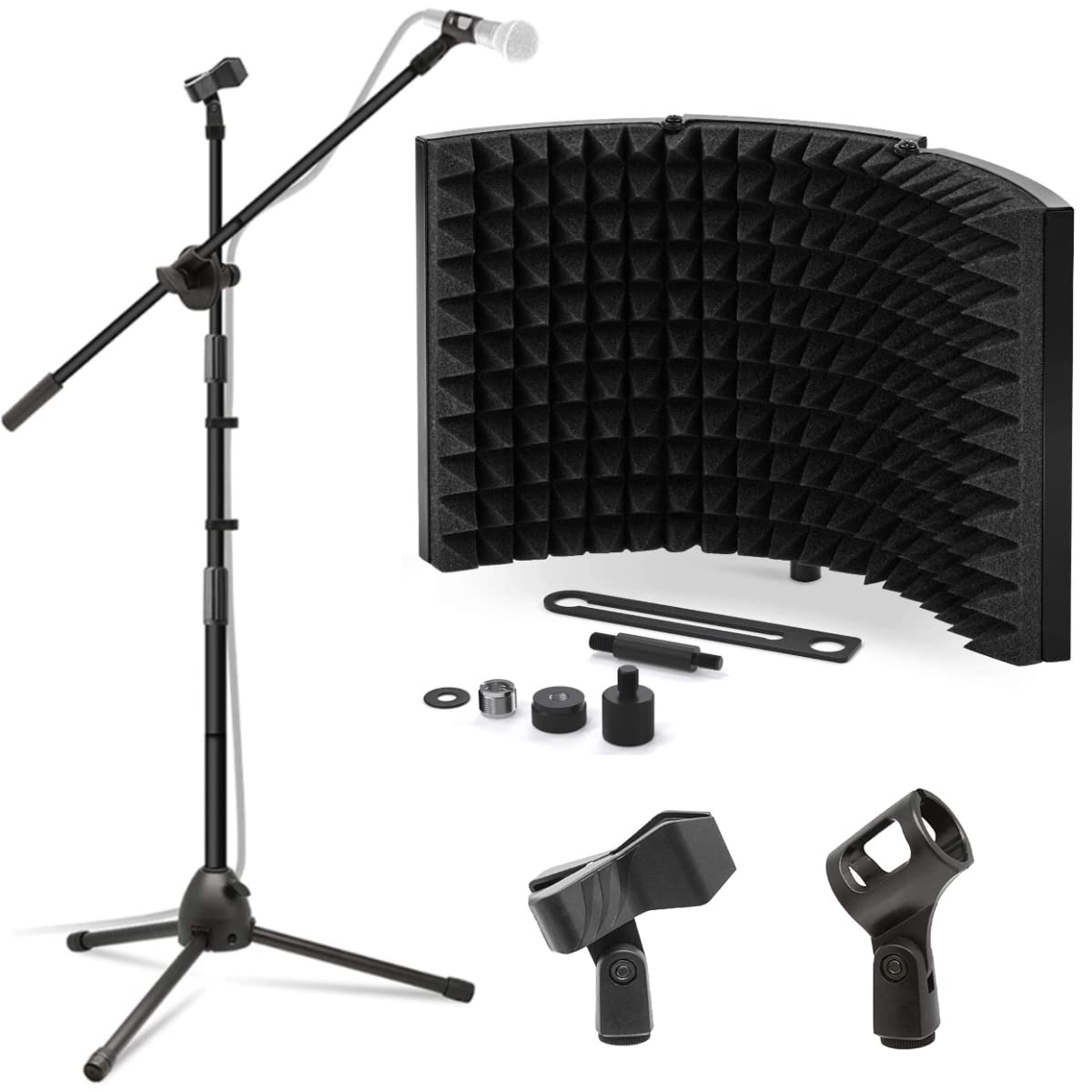 DEVICE OF URBAN INFOTECH Dual Microphone Stand with 3 Panel Isolation Shield,Sound Proof Foam Vocal Booth Adjustable Mic Stand with 2 Mic Clip Holder Reflection Filter for Mic with Stand