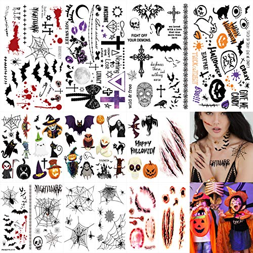 16 Sheets (Over 100 Pcs) Halloween Temporary Tattoos, Spider Web Bat Pumpkin Tattoos, Scar Tattoo, Fun Halloween Temporary Tattoos for Kids