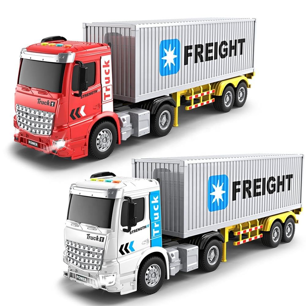 Container Transport Truck Toy with Trailer, Big Freight Cargo Vehicle Model with Light & Sound Effects, Realistic Driving Container Truck Playset for Kids Age 3+, Heavy Duty Transport Toy