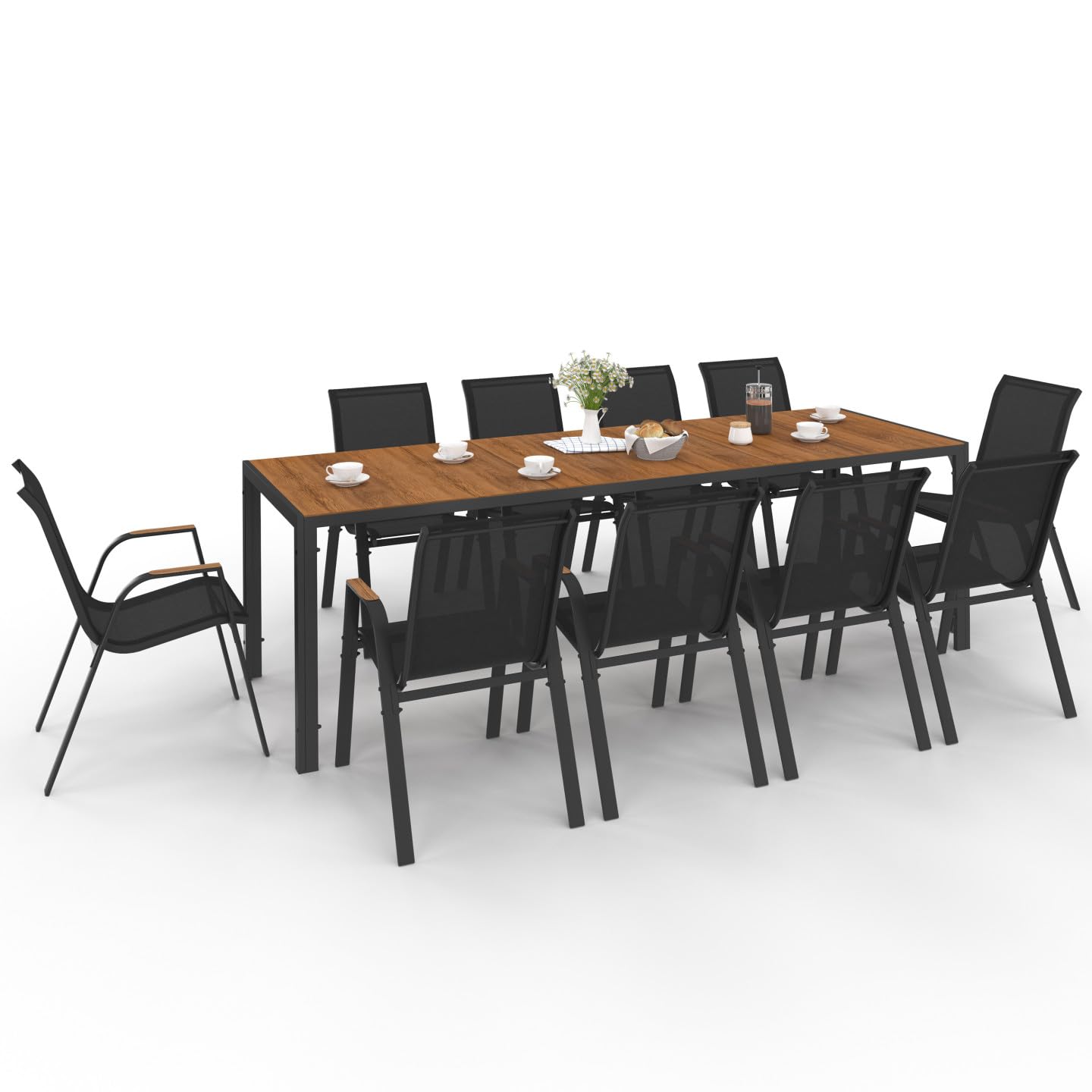 IDMarket - Salon de Jardin NOUMEA Table 240 cm Plateau Verre trempé Effet Bois et 10 chaises empilables Noir et Bois