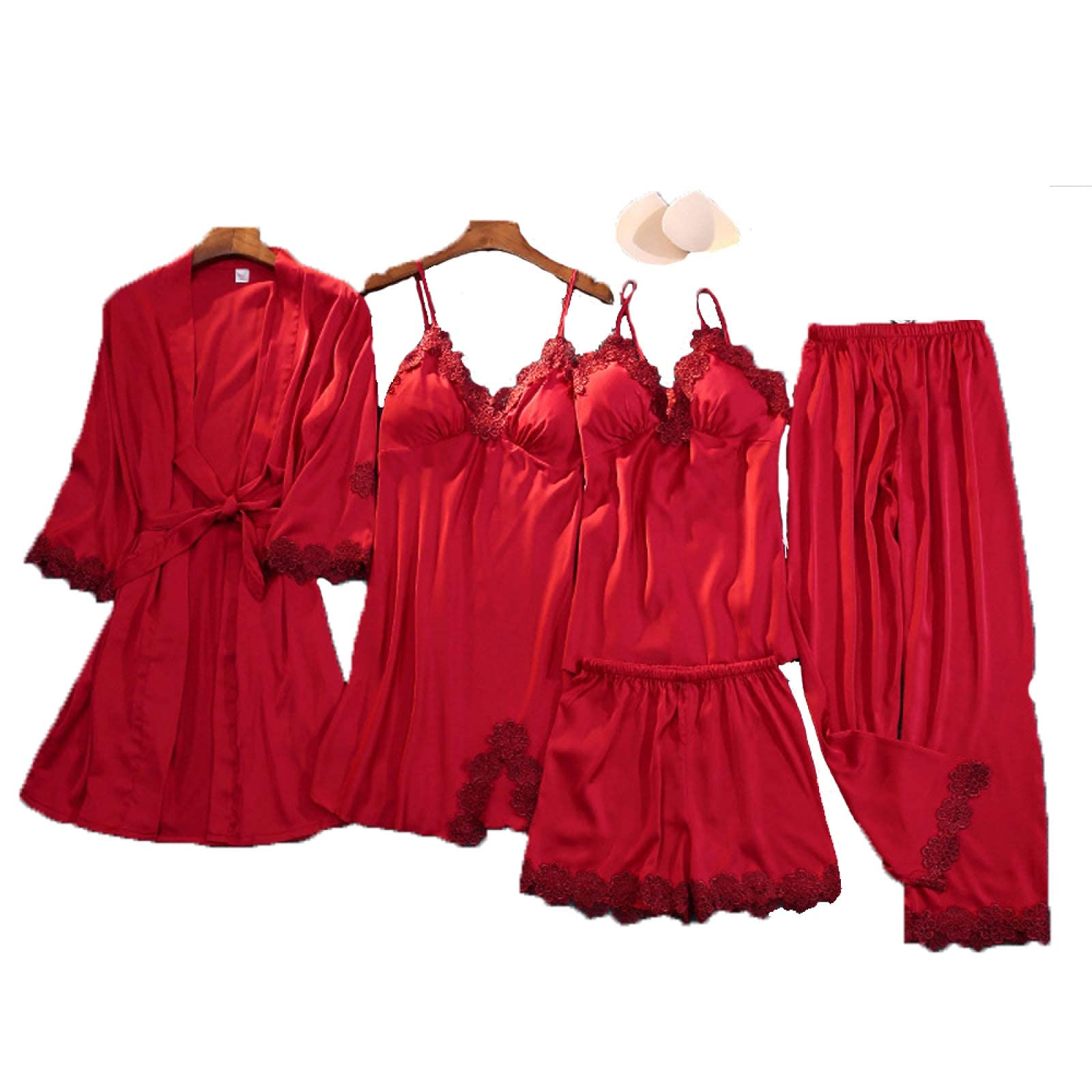 CFWSHJ Komplety piżam damskich 5 szt. Spodenki do spania na ramiączkach Zestaw bielizny nocnej Seksowna koronkowa satynowa szata Miękka bielizna nocna Piżama Rood-xxl (lotusroot M)