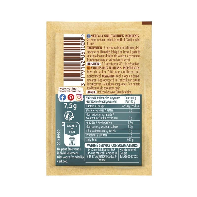 VAHINÉ SUCRE À LA VANILLE DE TAHITI X5 -37.5G, VAHINE, LOT DE 4