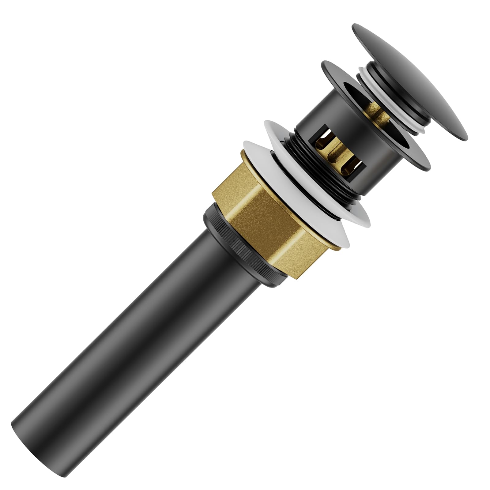 Drenaje para fregadero de baño con cesta coladora y tapón de drenaje emergente, diseño antiobstrucción para fregaderos de tocador con desbordamiento, latón inoxidable y acero inoxidable (negro