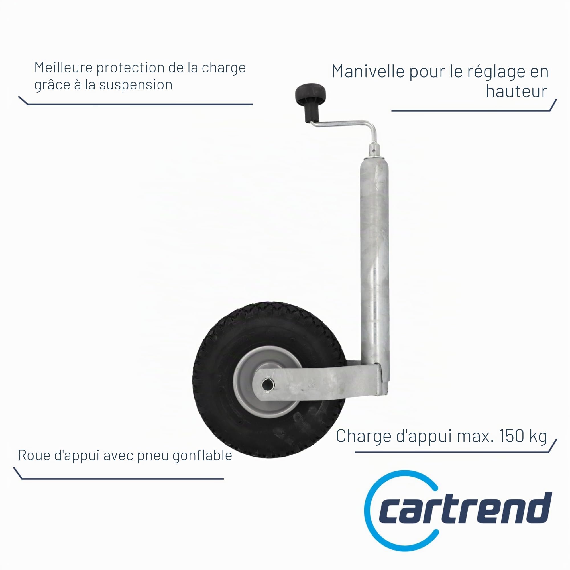 Cartrend 80144 Roue d'appui remorque pour les remorques de transports et les caravanes, galavanisée, 48 mm, pneu à air