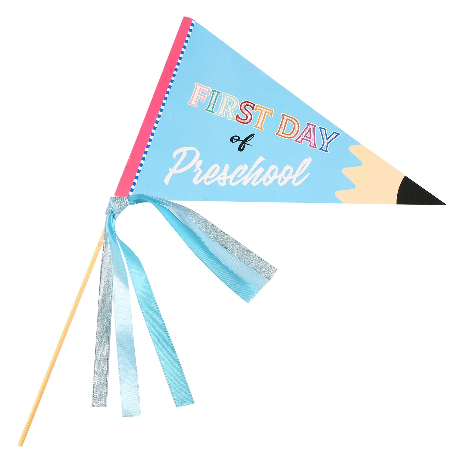 First Day of Preschool Flag, Pennant Banner Flags with Ribbons and Wood Stick Festive Party Pennants Cheerful Kindergarten Flag Decorative Preschool Banner for First Day of School Decorations