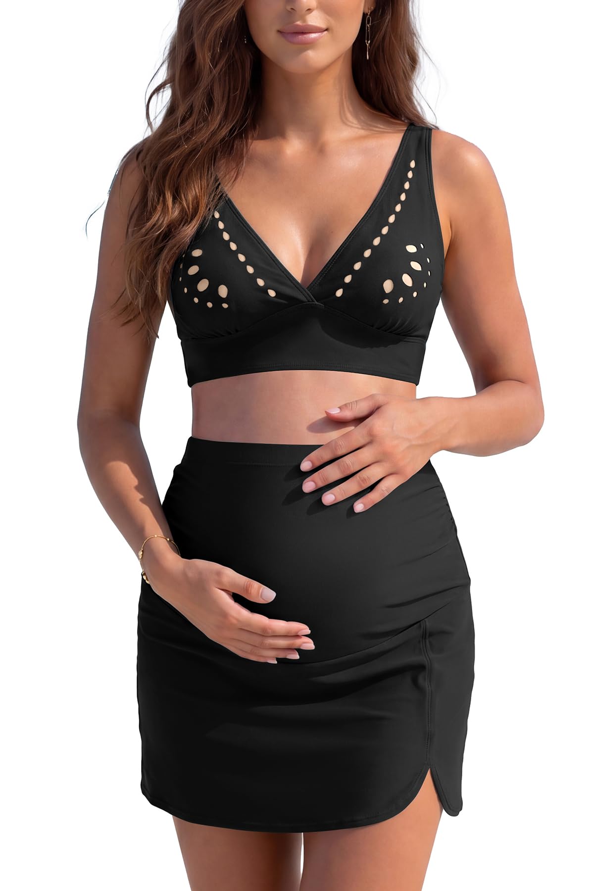 SHEKINI Frauen 2 Stück Mutterschaft Bikini Set Hollow-Out Swim Top mit Schwangerschaft Rock Boden