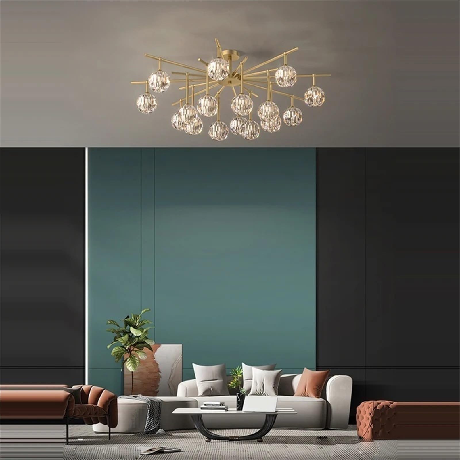 Modern Gold Branch Crystal Ceiling Light Sputnik Linear Crystal Globe Semi Flush Mount Ceiling Lamp Luxury Lighting Fixture for Foyer Bedroom