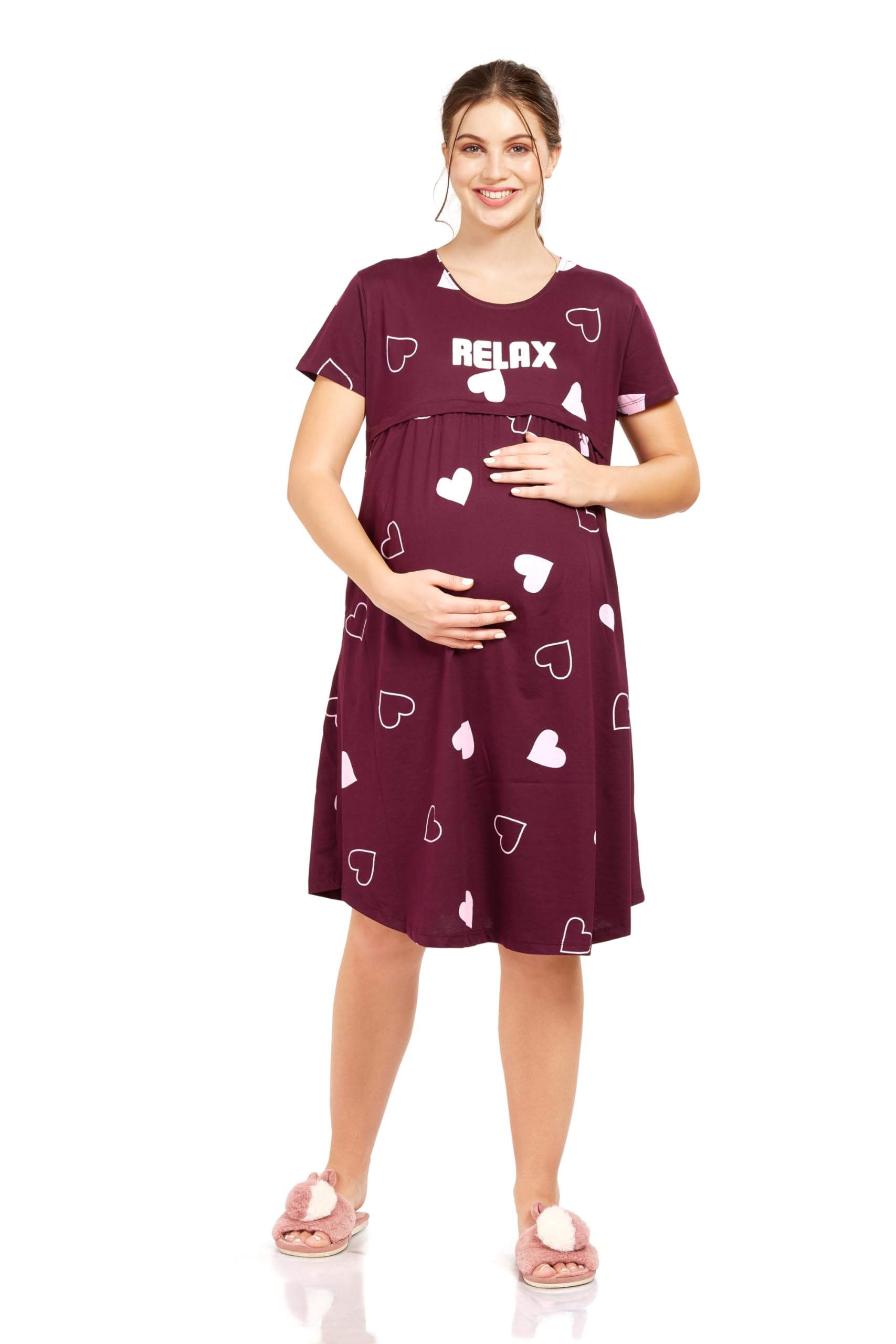 lotik Women's Cotton Heart Printed Maternity & Feeding Calf Length Short Nighty-picture-25