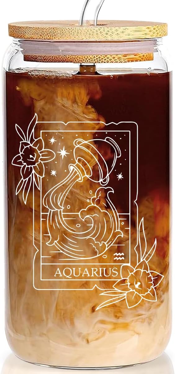 Aquarius Zodiac Gifts for Women, January February Birthday, 12 Astrology Lovers 16 Oz Can Glass Cup, Constellation Horoscope Gift, Aquarius Decorations