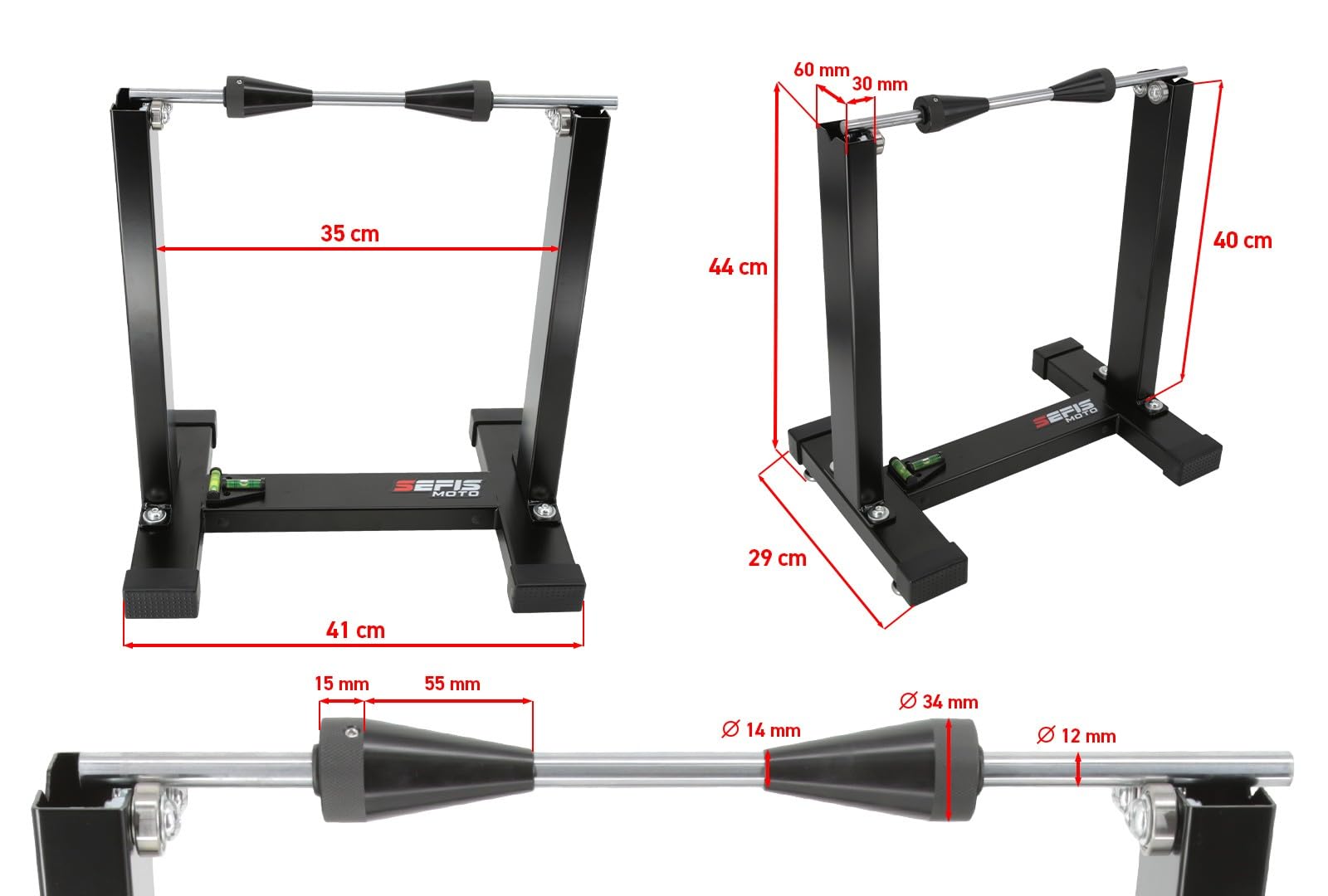 SEFIS Master - Equilibrador de ruedas para motocicleta | Equilibrador de precisión para rueda delantera y trasera, cubo 12,5–33 mm, eje de acero de 12 mm, rodamientos encapsulados, nivel de burbuja