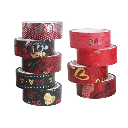 Washi - Juego de 9 rollos de cinta decorativa roja de papel de aluminio dorado con patrón de corazón de amor calcomanía de papel decorativa para el