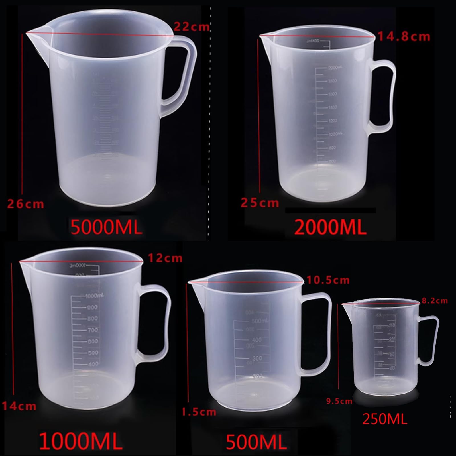 Misurini per Liquidi (250-5000 Ml), con Manico, Forte Flessibilità/Non Facile da Rompere, Misurazioni Accurate/Scala Chiara, per La Misurazione,5000ml