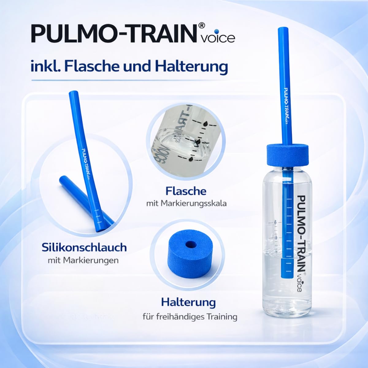 Original PULMO-TRAIN Voice Silikonschlauch-Set – für Stimmtraining, Sprech- und Gesangsübungen – mit Flasche und Halterung (pink, 1 Set)