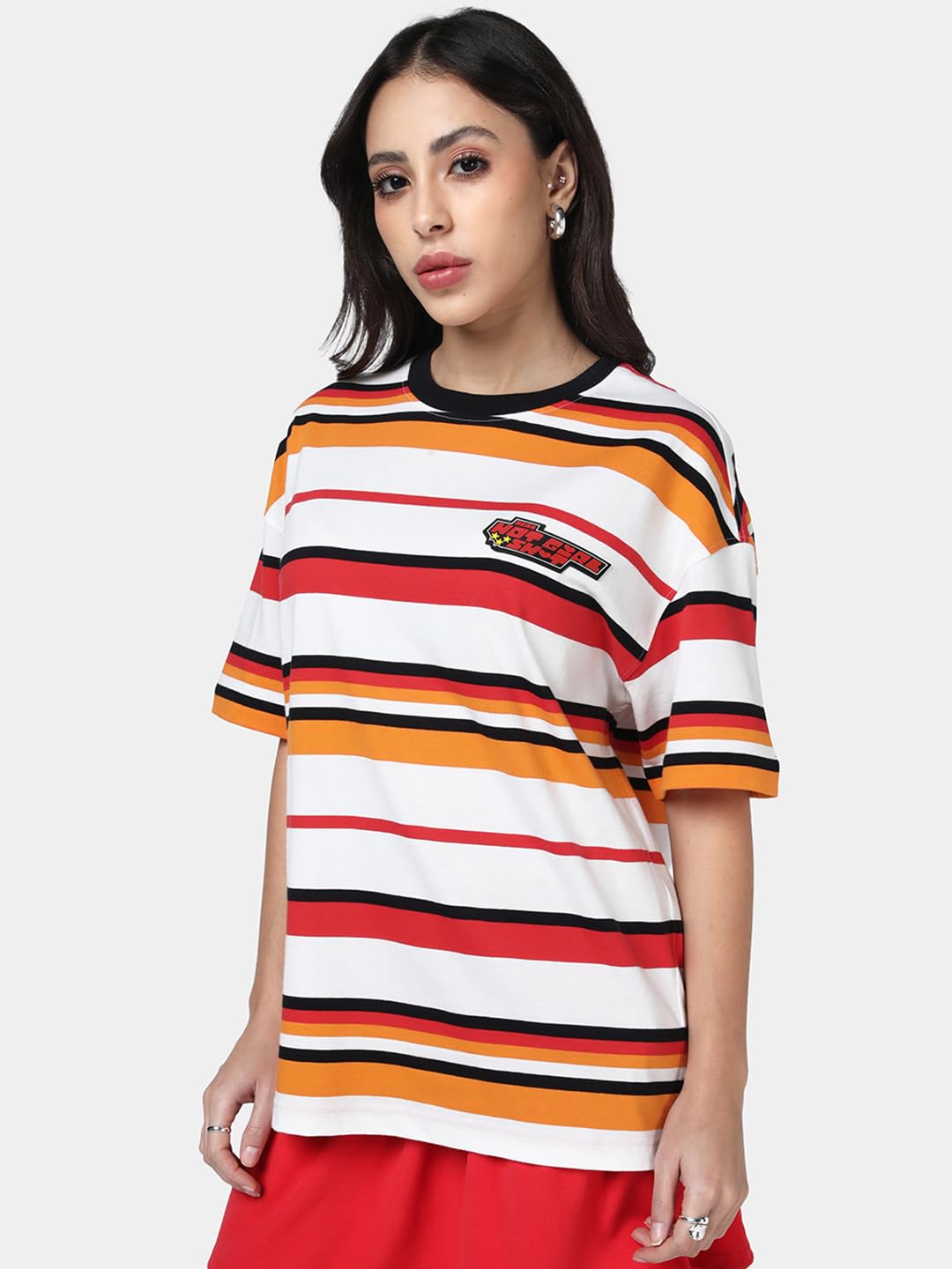 Bewakoof Heavy Duty 1.0 - T-shirt da donna a righe oversize a mezza manica in spugna di cotone con scollo rotondo