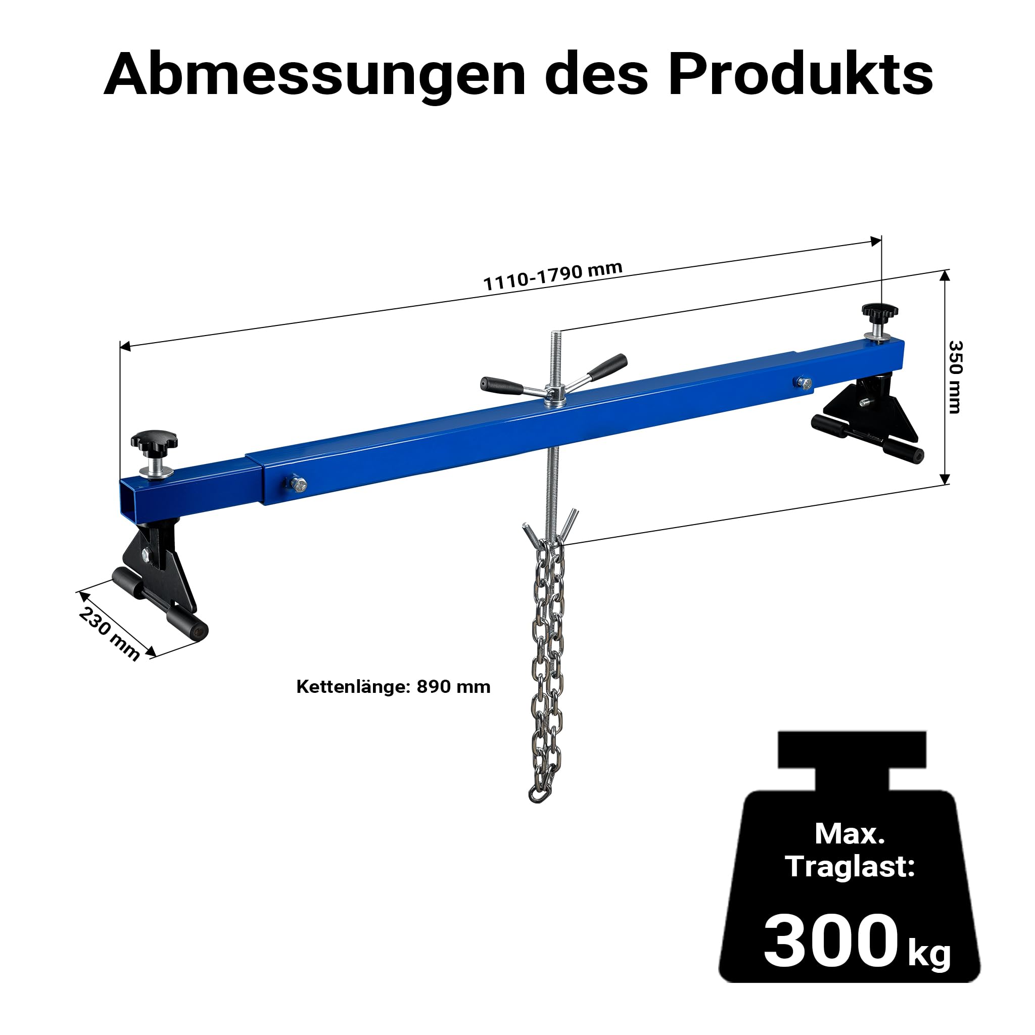 Wiltec Motorbrücke bis zu 300 kg Kotflügeltraverse 111-179 x 23 x 35 cm, Motorhalter für Reparaturen an Motoren, Motorheber für Auto, Hebekran aus Stahl