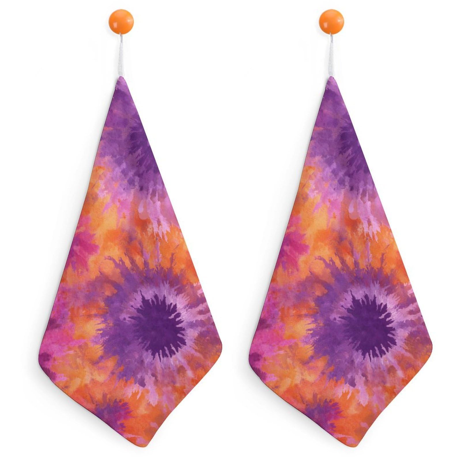 Jubonexis Orange Pink And Purple Tie Dye Print Small Hand Towel with Hanging Loop 2 PCS Absorbent Soft Wash Cloth for Kitchen Bathroom