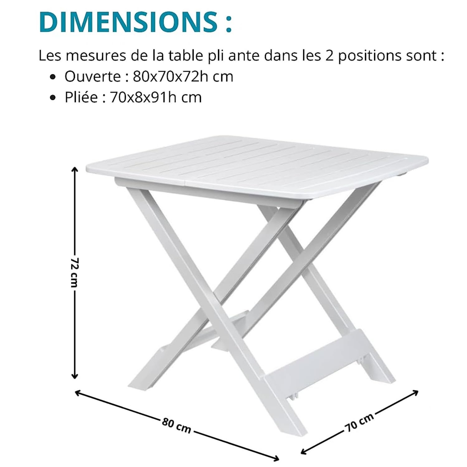 Tomaino - Table en plastique pliable pour intérieur et extérieur - Table de jardin effet bois 79 x 72 cm (blanc)