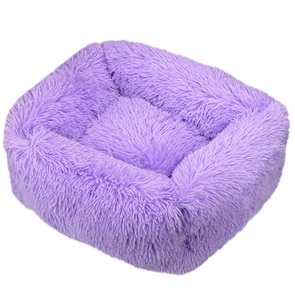 Hiseng Soft Fluffy Dog Bed, Simple Solid Color Self-Warming Cat Bed Washable Square Dog Beds Medium, Plush Anti-Slip Bottom Donut Cat Beds for Indoor Cats (M 66x55cm,Purple)