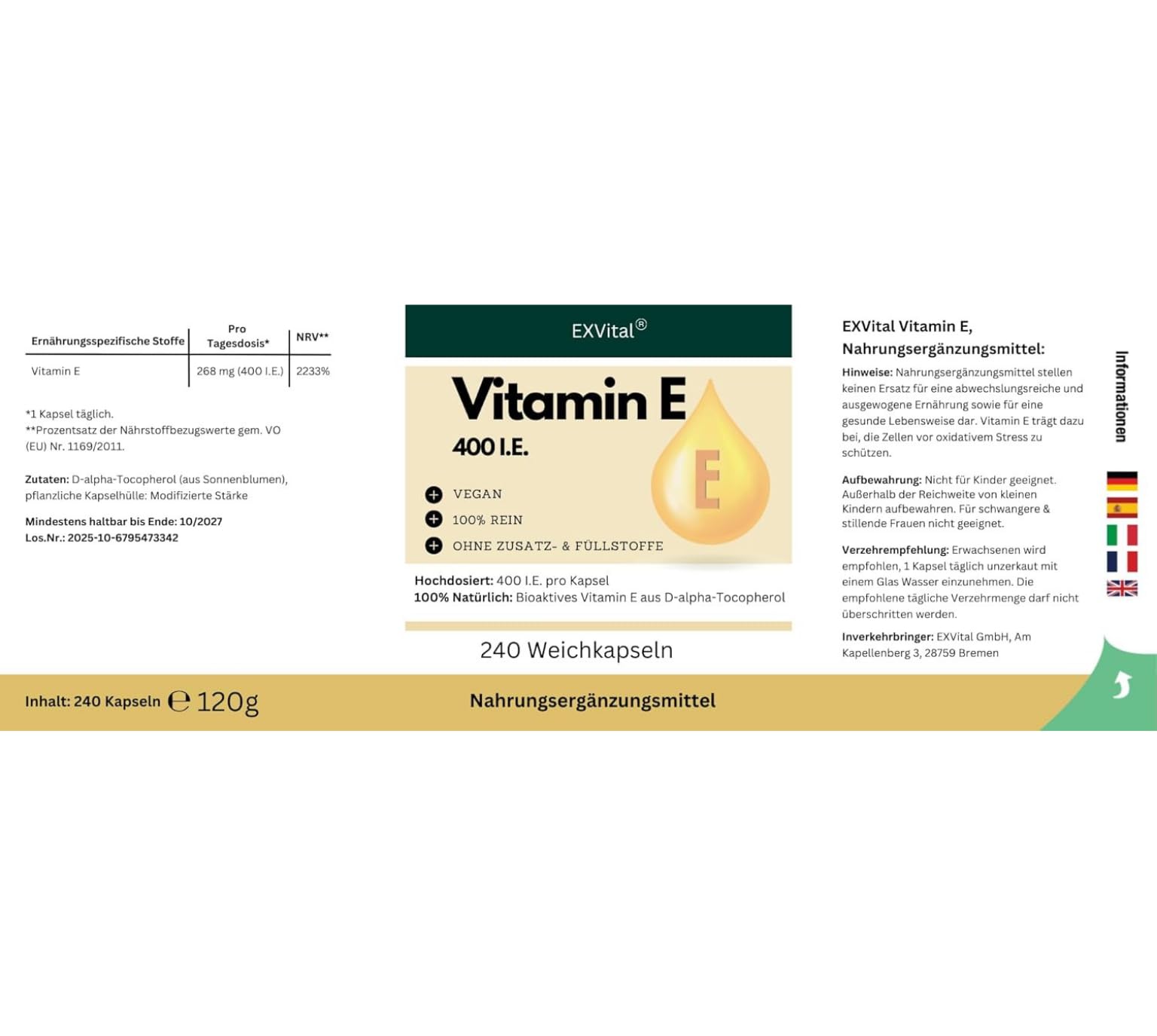 EXVital Vitamina E 400 UI, 240 capsule vegane in softgel, con D-alfa-tocoferolo, vitamina E da girasole, ad alto dosaggio e testata in laboratorio