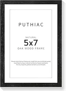 puthiac 5x7 Oak Wood Picture Frame - Minimalist 5x7 Picture Frame, 5"x7" Frame Wood, Natural Solid Wooden Picture Frames for Wall Art Photo and Prints(1 Pack, Black)