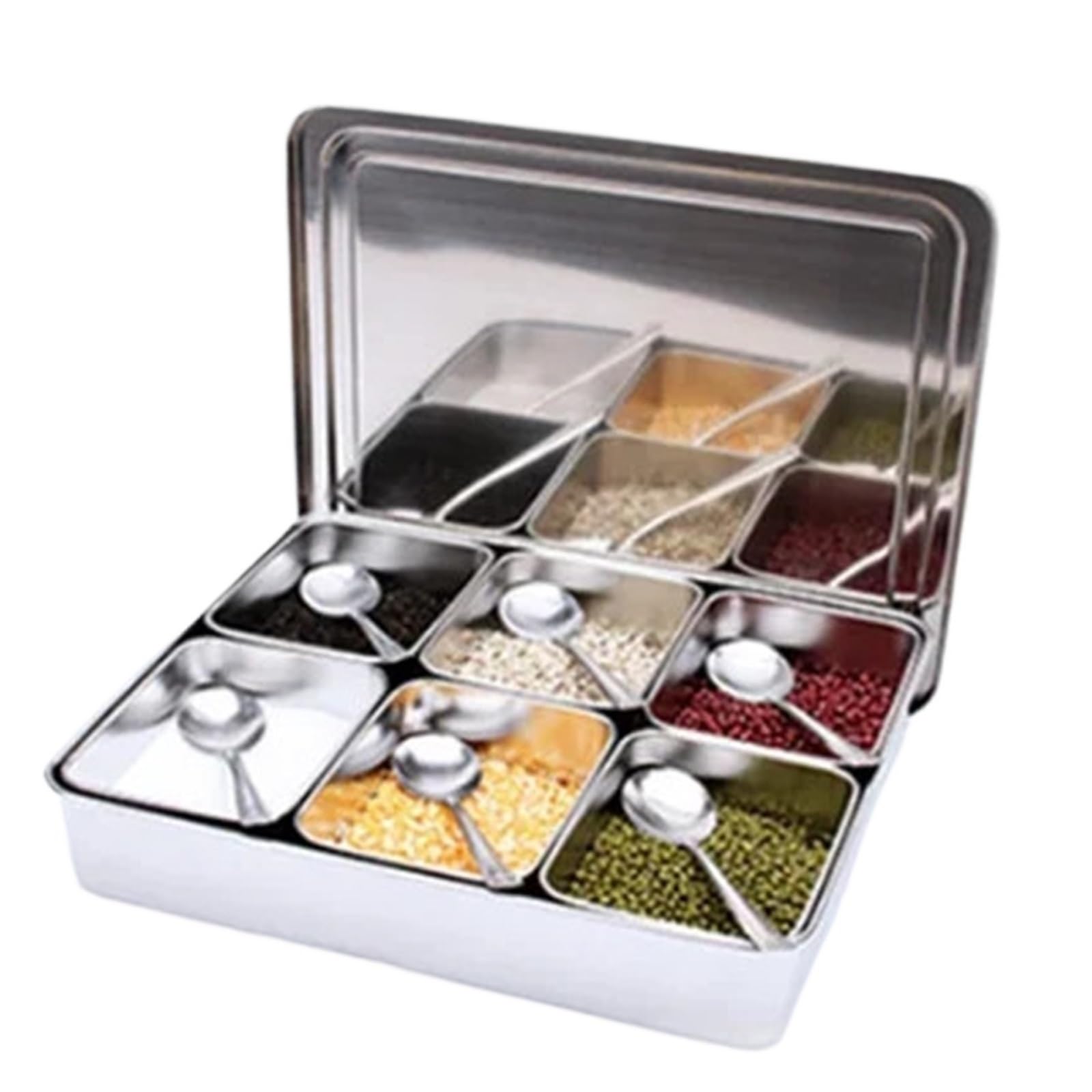UBOHUZ Kitchen Food Storage Container Compartments Stainless Steel Seasoning Box Containers With Lid Rectangle Chef Tools for Kitchen Condiment(6grid 34x29.5xH7cm)