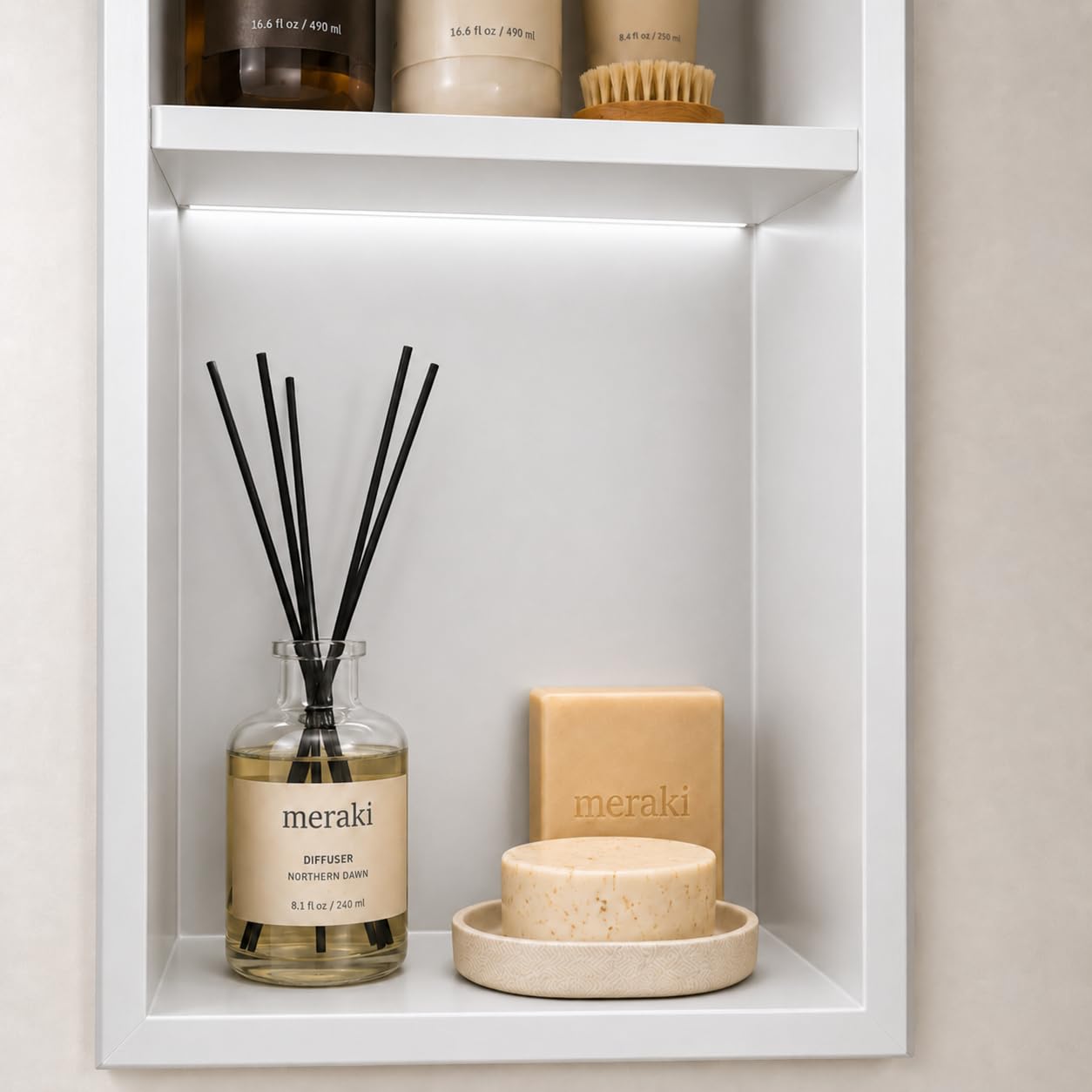Hornacina Ducha Empotrable con LED 33x63 cm Nicho Ducha Vertical Doble Acero Inoxidable S.304 Nicho Baño Pared | Estante Ducha Iluminado Anticorrosión | MEDIMEX Marshall (Blanco Mate)