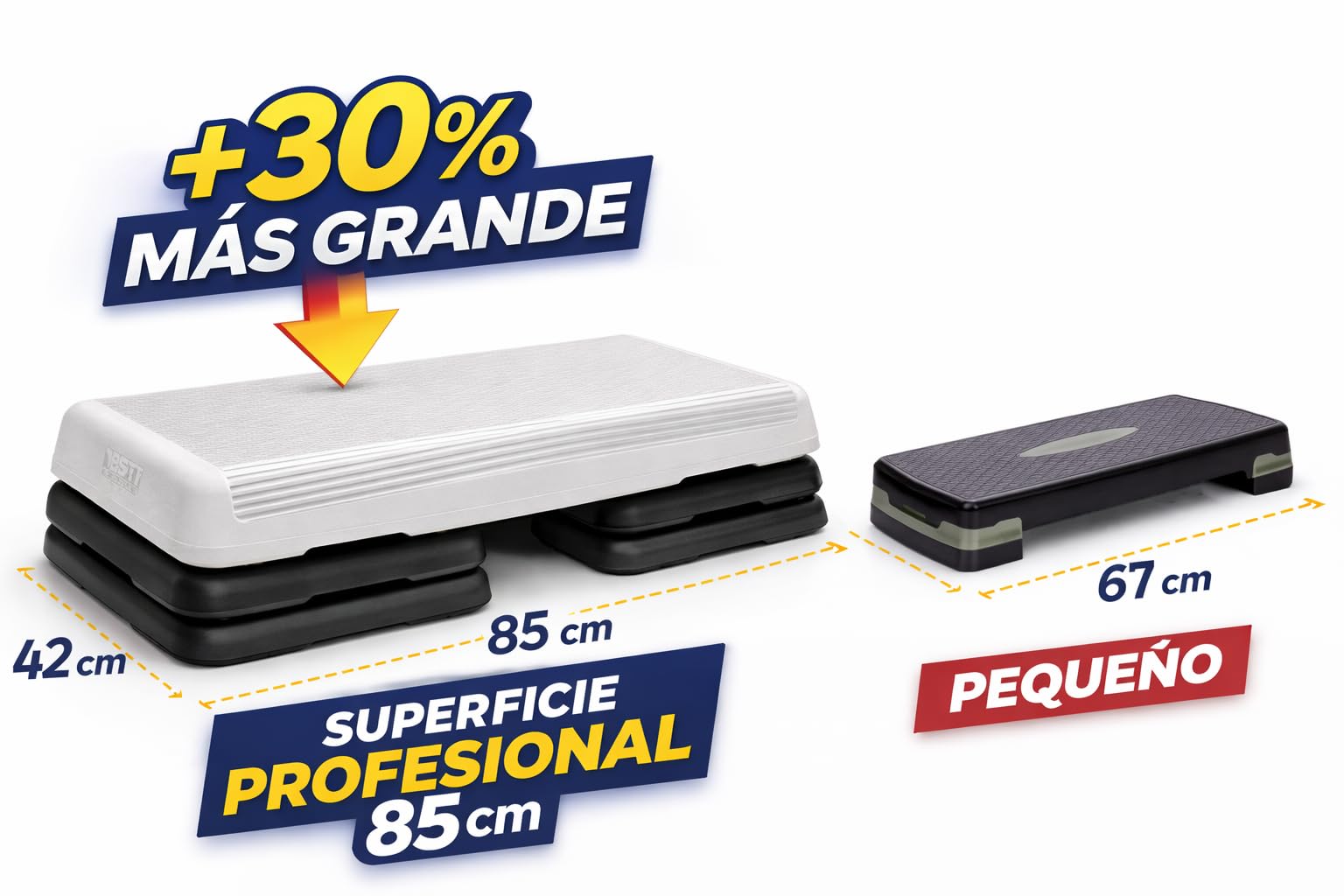 Step Aerobic Profesional - Altura Ajustable 11cm/16cm/21cm - Plataforma de Fitness para Casa y Gimnasio - Fabricado en España - Superficie Antideslizante (Step Profesional + 4 Elevadores)