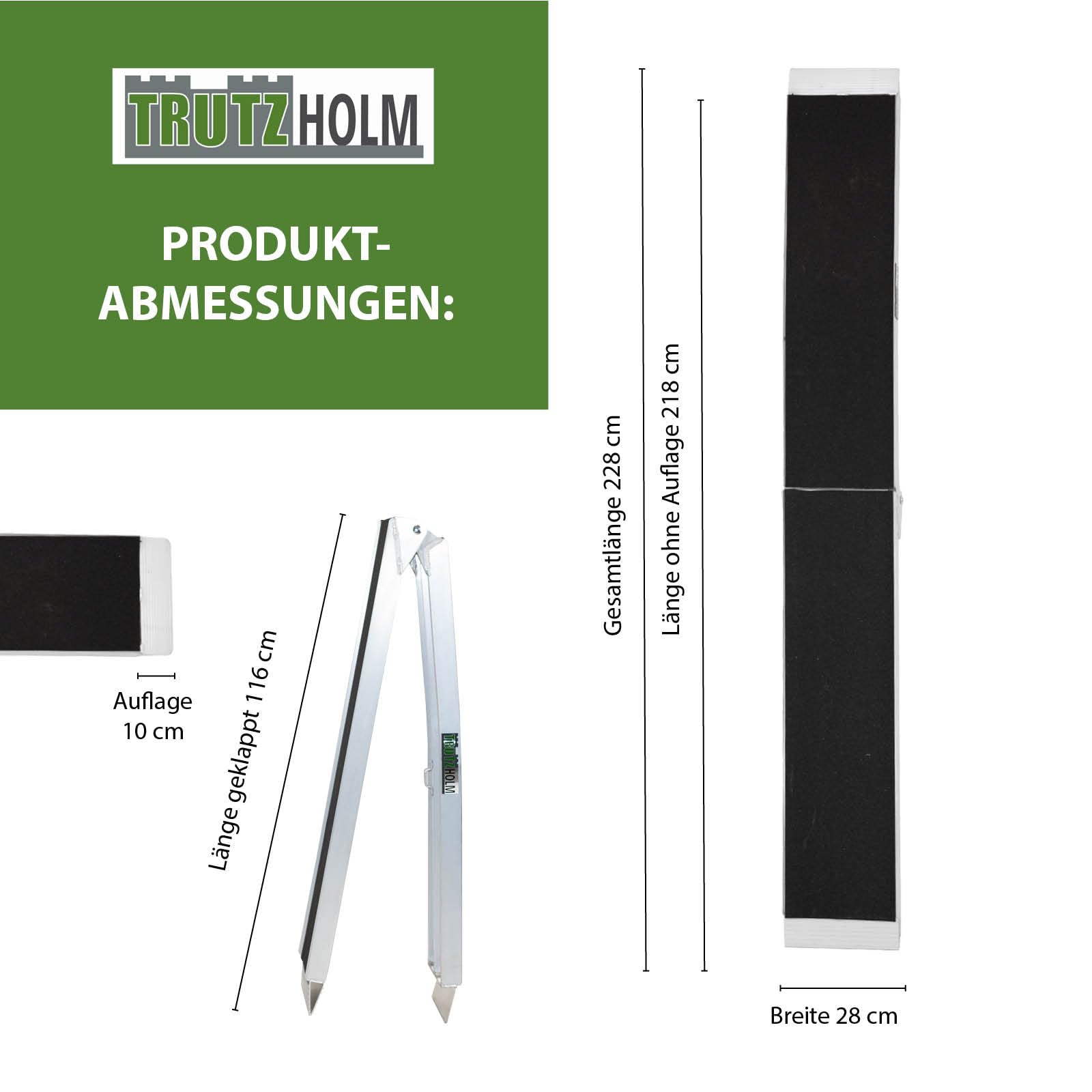 TRUTZHOLM 2X Auffahrrampe klappbar Länge 228 cm 340 kg Traglast je Stück 680 kg Gesamttraglast Aluminium Friktionsbeschichtung Anti Rutsch E-Bike-Rampe Fahrradrampe Motorradrampe inkl. 2X Spanngurt