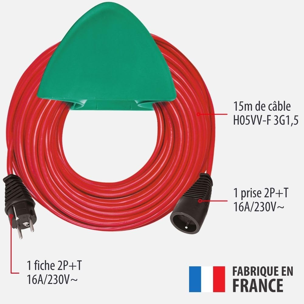 Brennenstuhl Rallonge Rouge 15m de câble, avec Support Mural Vert, Fabrication Française 1167511