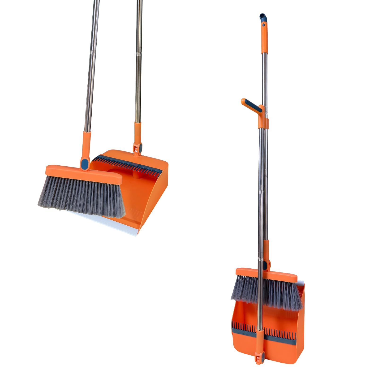Set di scopa e paletta con denti pettinati Scopa verticale antivento con manico lungo per pulizia domestica e spazzare (arancione)