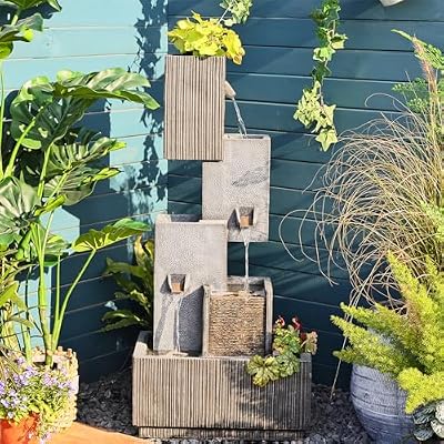 Tankana Tiered Water Fountain Outdoor Garden - Waterfall Patio Freestanding Cascade Fountains Concrete Artistry Modern Style with LED Lights for Yard Pool Home Decor, 41.5 inches Tall